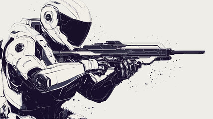 The image is a grayscale digital illustration depicting a futuristic soldier aiming a rifle. The soldier is wearing a full helmet and armored suit. The style is stylized and slightly