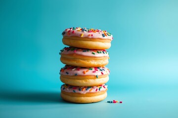 Photograph of a Stack of Vibrant Frosted Donuts with Colorful Sprinkles, Perfectly Stacked for a Fun and Sweet Treat Against a Solid Background – dessert stock-image