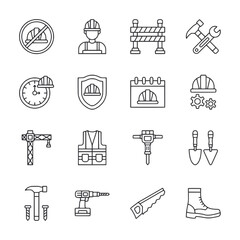A set of construction symbols including a hammer, a clock, a calendar
