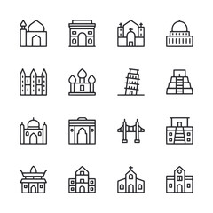 A set of icons of buildings and structures from around the world