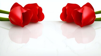 Red Tulips with Reflections on White Surface