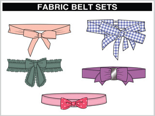 SET OF SELF FABRIC BELTS TIE KNOT FOR WAIST BAND, BAGS, SHOES, JACKETS, SHORTS, PANTS, DRESS GARMENTS, DRAWCORD AGLETS FOR CLOTHING AND ACCESSORIES VECTOR ILLUSTRATION