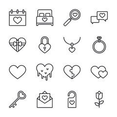 A set of Valentine's Day icons including a heart, a key, a lock, a ring, a rose