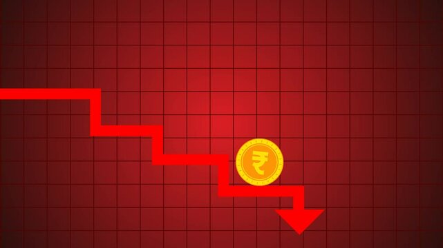 Golden Indian Rupee rolling downward along a bold red arrow, set against a dark red financial graph background, representing economic decline, inflation, or market crash