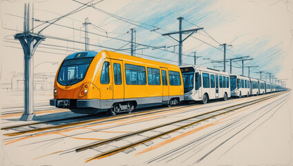 Obraz premium Drawing of yellow train on rails, electrical power lines above. White and blue color sky. Style: sketch