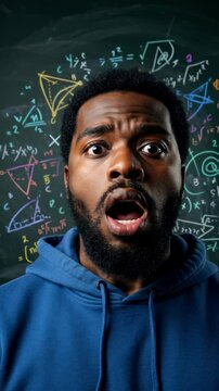 Surprised student in a blue hoodie against a chalkboard filled with math equations and diagrams - confused man confusion funny