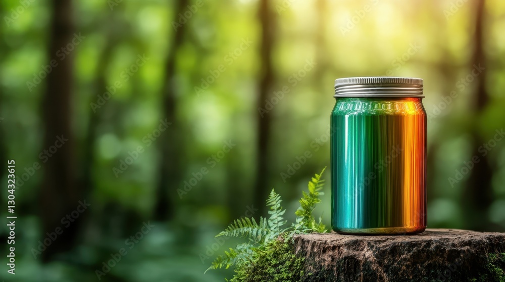 Poster a glass jar, featuring a gradient from green to orange, stands anew on a tree stump, illuminated by 