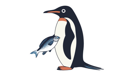 Obraz premium Illustration of a penguin holding a fish. The penguin is depicted in a simplified, cartoon-like style with black, white, and orange coloring. The fish is smaller, light gray/blue, and