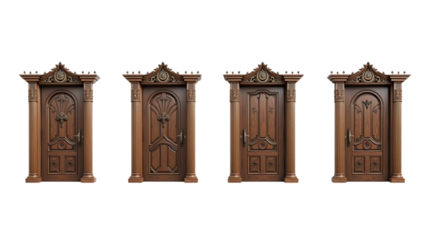 Collection of Ornate Wooden Door with Decorative Columns isolated on png