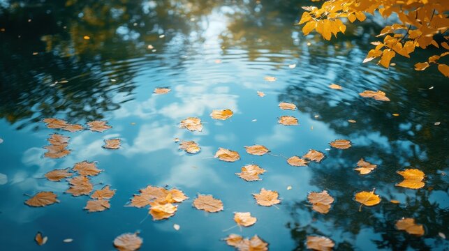 A serene Zen garden, where a tranquil pond reflected the sky is azure expanse, adorned with delicate yellow petals drifting like fallen leaves on a gentle breeze.