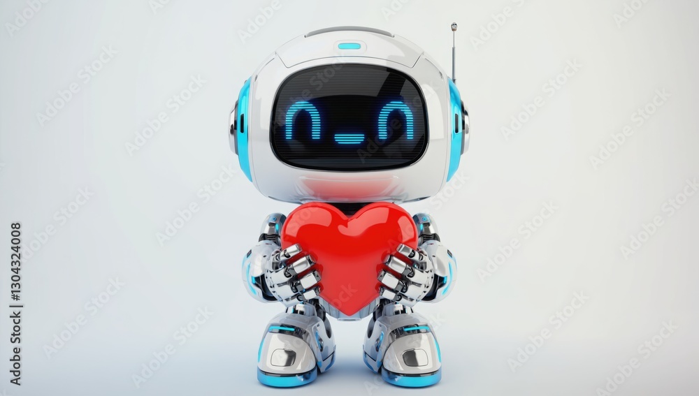 Poster robotic affection: a charming robot with a heart-shaped object conveys a message of love and digital