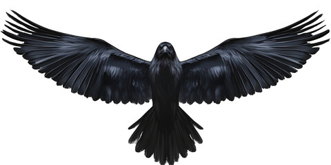 Obraz premium Black raven with spread wings flying isolated on transparent background.