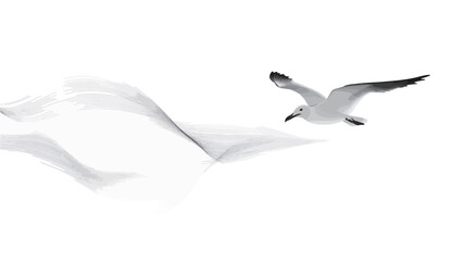 Obraz premium A monochrome photograph depicting a seagull in flight against a stark white background. The background features subtle, blurred, wave-like forms suggesting motion or wind. The seagull is