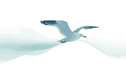 Fototapeta premium The image shows a seagull in flight against a predominantly white background. The seagull is centrally positioned, its wings outstretched. The background is softly blurred, suggesting