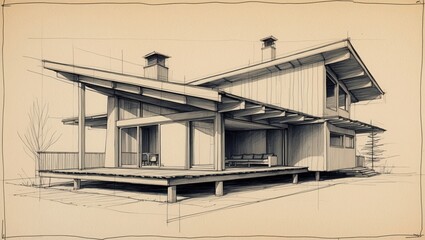 Modern house sketch art. Building shows many windows, chimney and sloped roof. House sits on stilts with wooden deck.