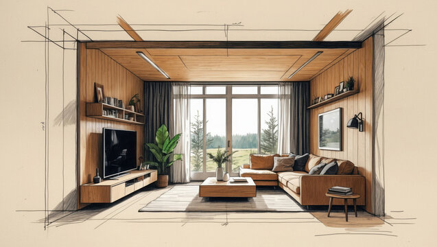 Cozy living room sketch. Wood panels and light brown sofa create inviting space. Large windows bring in natural light and nature view.