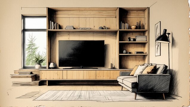 Living room interior sketch showing sofa near wooden shelves and TV screen, natural light from window and lamp illuminating scene