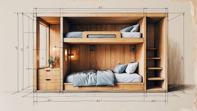 Bunk bed wooden sketch design. Two beds with pillows and blanket. Cabinet with drawers and shelf in bedroom project with floor plan size.