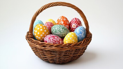 Naklejka premium A vibrant basket, brimming with a kaleidoscope of Easter eggs, their surfaces adorned with whimsical patterns and vibrant hues, against a stark white backdrop, symbolizing the joyous celebration of