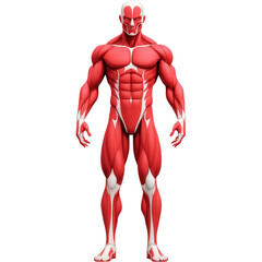 A 3D rendered model of the human muscular system, showcasing detailed muscle structures and anatomical features. The model highlights the body's muscular definition from a frontal perspective.