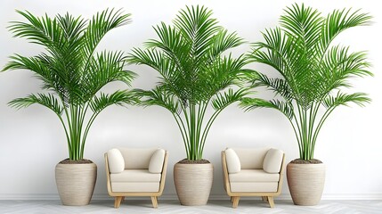 Indoor Plants and Elegant Chairs in Modern Minimalist Living Space with Bright White Background