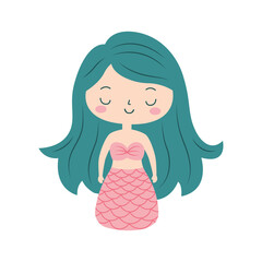 Cute Pretty Little Girl Mermaid Cartoon Character in the Sea with Happy Expression