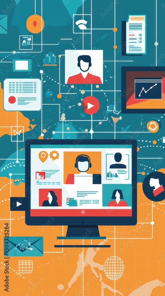 Poster digital connections: a visual representation of interconnectedness, showcasing a computer screen at 