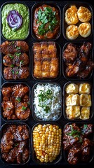 Food assortment in tray, studio background