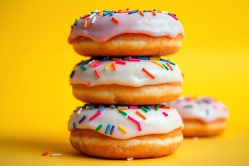 Photograph of a Stack of Vibrant Frosted Donuts with Colorful Sprinkles, Perfectly Stacked for a Fun and Sweet Treat Against a Solid Background – dessert stock-image
