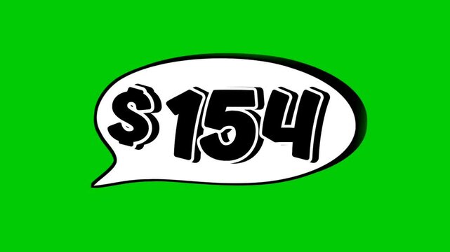 154 dollars price tag animation motion graphics in speech bubble on green screen background for wholesale or black Friday event business concept video element