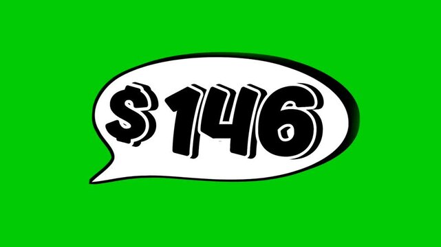 146 dollars price tag animation motion graphics in speech bubble on green screen background for wholesale or black Friday event business concept video element