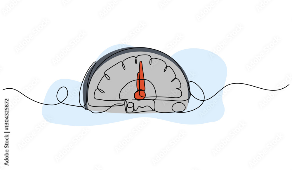 Poster vector illustration of a speedometer with red needle. modern flat in continuous line style.