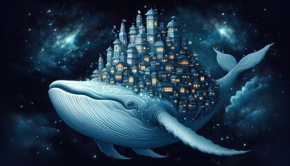 Fototapeta premium A celestial whale drifting through the night sky, carrying tiny floating villages on its back