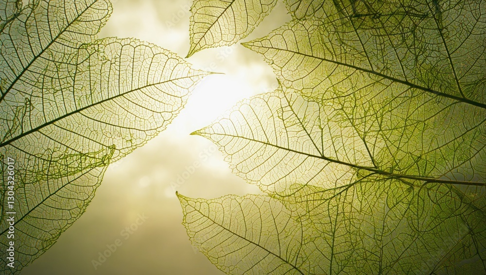 Wall mural sunlit leaf canopy: a collection of delicate, translucent leaves, illuminated by the radiant sunligh