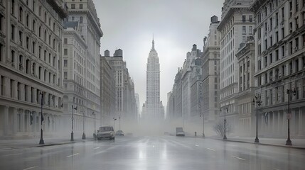 Obraz premium Foggy Urban Landscape Featuring Iconic Skyscraper on Misty Street in Empty City