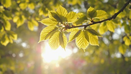 Sun-Kissed Leaves: Sunlight streams through vibrant green leaves on a tree branch, capturing the essence of spring