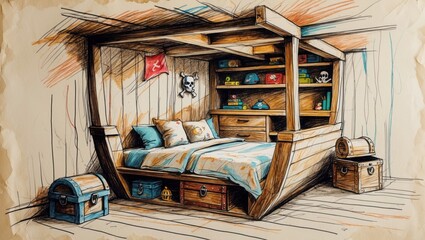 Brown sketch of interior with bed, chests, and shelves. Pirate flag and skull hang on wall, items are on shelves, pillows sit on bed.