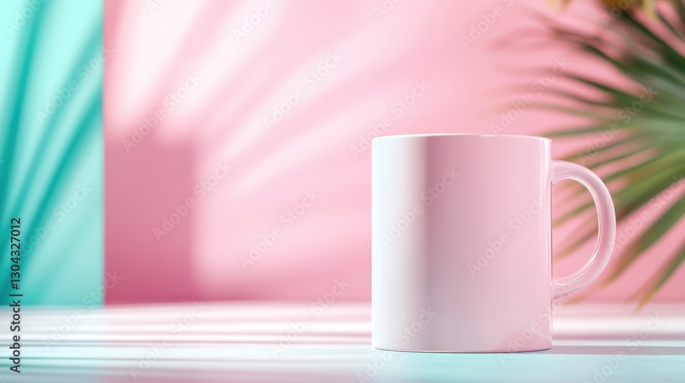 Poster this image features a minimalist white mug set against a vibrant color gradient background, creating