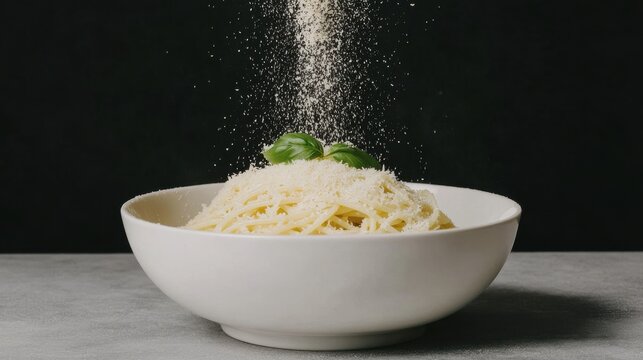 A slice of Parmesan cheese being grated over a bowl of fresh pasta