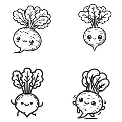 High-Quality Cute Cartoonic Beetroot Character Outline Vector Illustrations