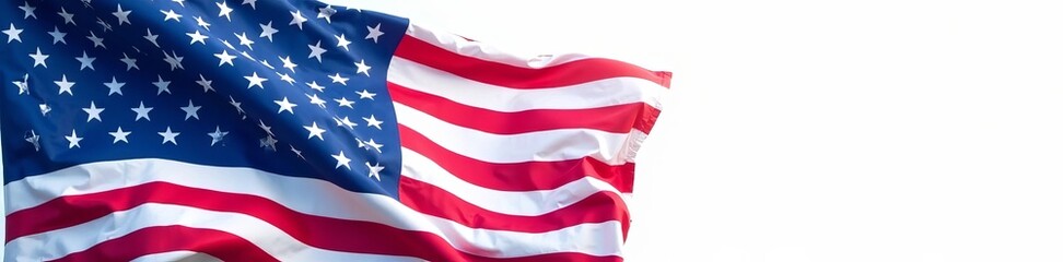 Large American flag displayed on a bright white background, national, American, red