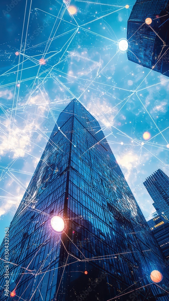 Poster skyscrapers and network: modern buildings with a network of data connections, illustrating interconn
