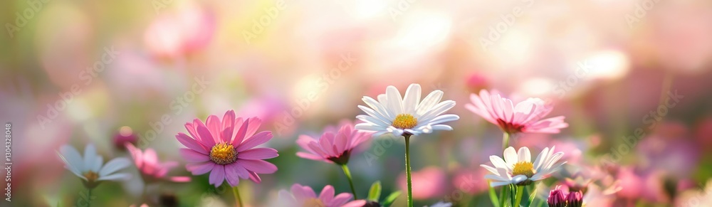 Wall mural blooming in soft light: a field of vibrant pink and white flowers bathed in soft, ethereal light, cr