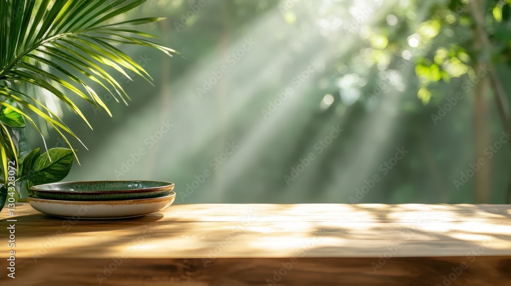 Poster in this image, plates are artistically arranged on a beautiful wooden table under heavenly light ray
