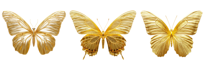 Set of gold butterflies with metallic textures and reflective wings, isolated on transparent background cutout