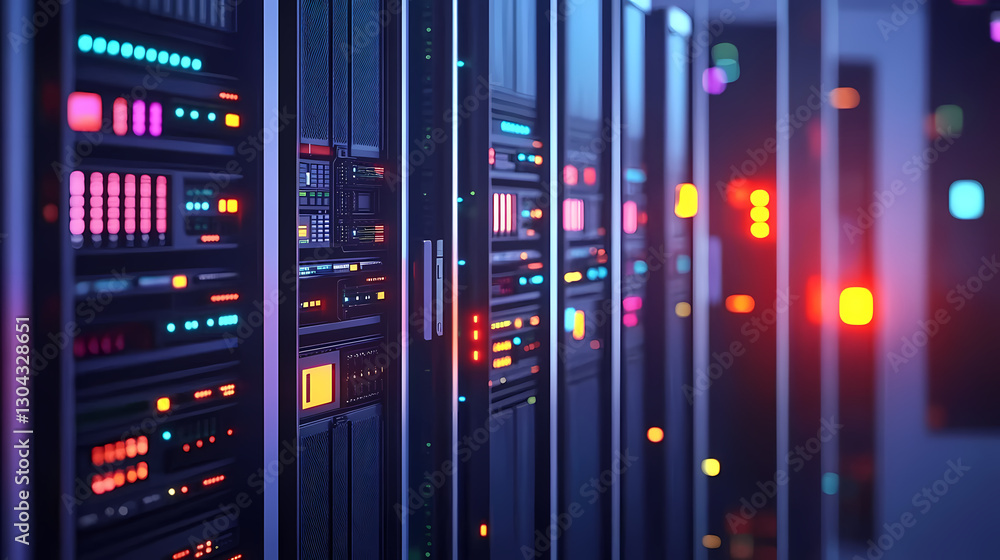 Poster server rack with colorful lights and data displays