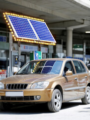 Eco-friendly hybrid car with solar panels charging at urban station for sustainable transportation concept