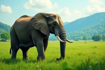 Fototapeta premium Majestic elephant in lush green landscape with copy space for World Elephant Day promotion, nature, wildlife, protection