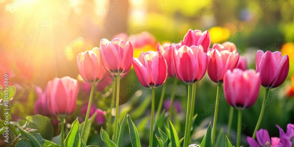Wall mural pink tulips in sunlight: a vibrant cluster of pink tulips basks in the warm glow of the setting sun,