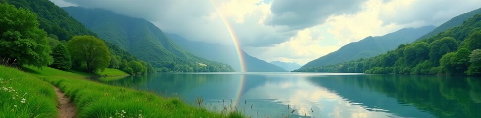 Lush green landscape with vibrant rainbow over a serene lake, nature, rainbow